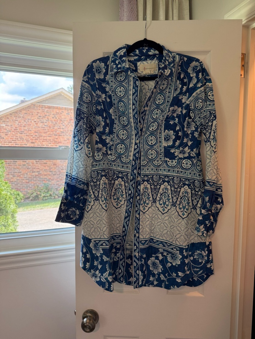 Anthropologie Blue and White Printed Button-Down Tunic